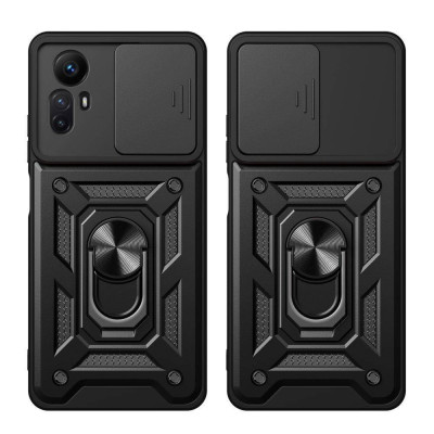   Луксозен силиконов гръб с твърда част Hybrid Cam Shield с метална ринг стойка за Xiaomi Redmi Note 12S черен 